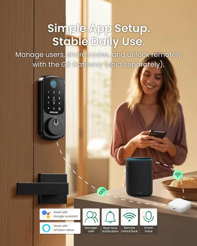 Vista 3 de DESLOC B200 - Cerradura inteligente de puerta con control de aplicación, cerrojo de entrada sin llave para puerta delantera, bloqueo automático