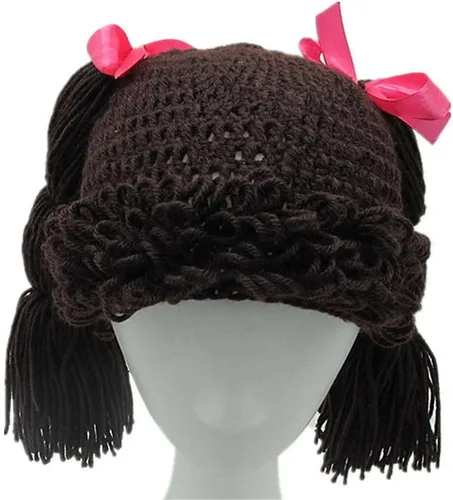 Vista 2 de BIBITIME Gorro de punto de coleta hecho a mano para mujeres y niñas, gorro trenzado con lazo
