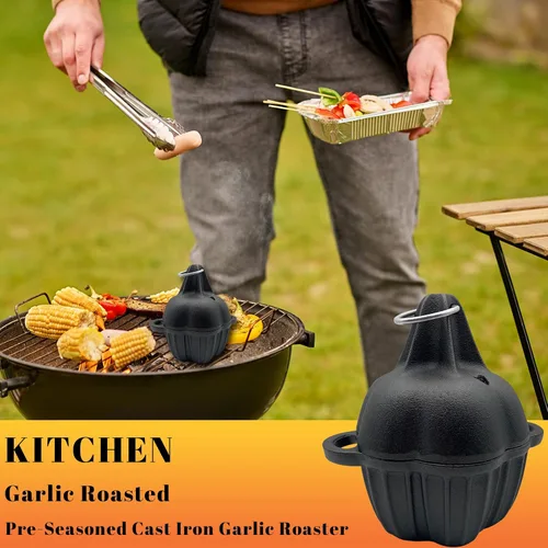 Vista 4 de Asador de hierro fundido, caja de ahumador de hierro fundido pre-sazonado para asar a gas, asador de ajo para horno, ideal para ahumar, asar, ajo