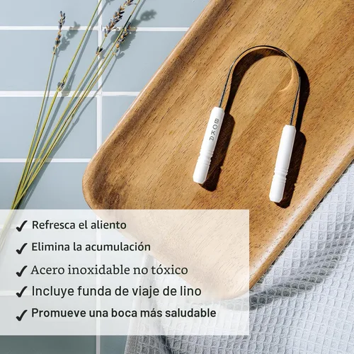 Vista 2 de Boka Raspador de lengua para adultos y niños con estuche, limpiador de lengua de acero inoxidable con bolsa de viaje de lino, limpiador
