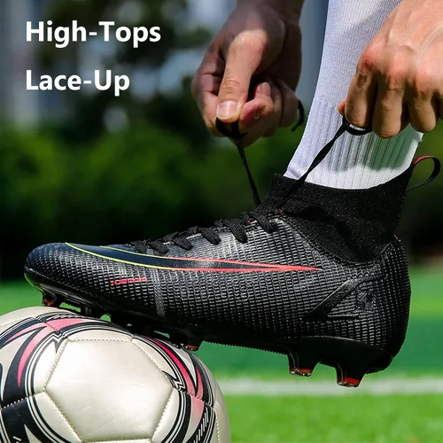 Vista 2 de HHY Botines de fútbol para hombre, zapatos de fútbol de caña alta, antideslizantes, para interiores y exteriores, césped firme, botas de combate