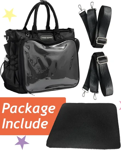 Vista 2 de Mochila grande Ita de hombro con inserto, bolso kawaiI Ita, para exhibición de pines, anime para fanáticos de Kpop (pines no incluidos) (negro)
