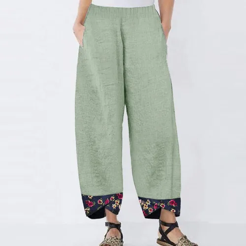 Vista 2 de Casual Pants for Women for Work Summer Wide Leg Pants Irregular Print Splice Loose Cotton Linen Pants with Pockets