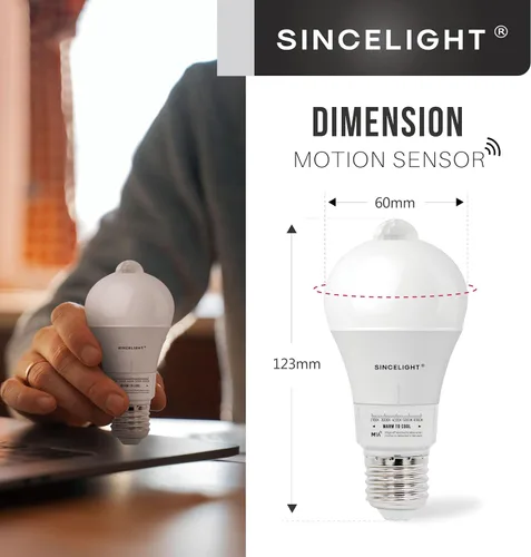 Vista 5 de SINCELIGHT Bombilla LED con sensor de movimiento de 9 W con base E26, PIR activada por movimiento en la oscuridad, encendido/apagado automático por