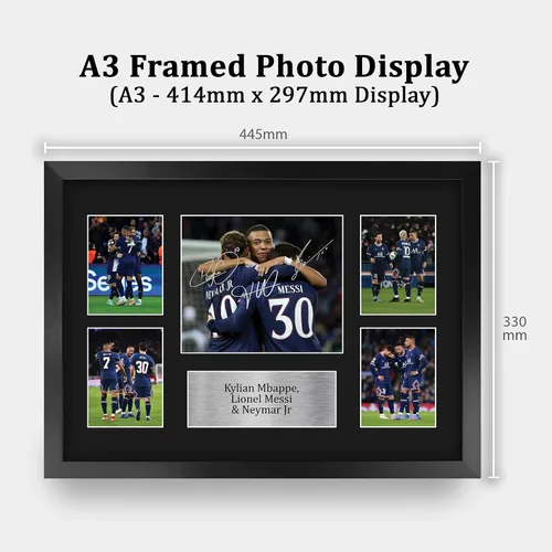 Vista 2 de HWC Trading Kylian Mbappe, Lionel Messi y Neymar Jr Paris Blue and Reds - Memorabilia impresa con autógrafo, para fanáticos del fútbol y seguidores