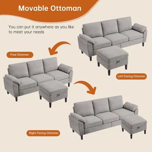Vista 5 de Juego de sofá modular convertible de 3 piezas, sofá pequeño y moderno en forma de L, sofá de 3 plazas con diván reversible otomano y sofá biplaza