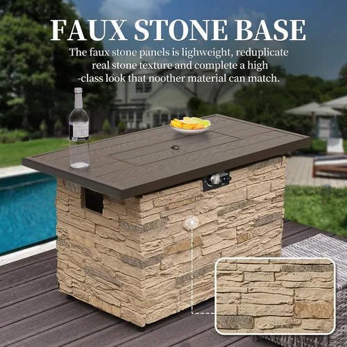 Vista 8 de Mesa de Hoguera de Propano PIZZELLO de 43 Pulgadas al Aire Libre, Mesa de Fuego Rectangular de Piedra para Exteriores, Mesa de Hoguera de 50,000 BTU