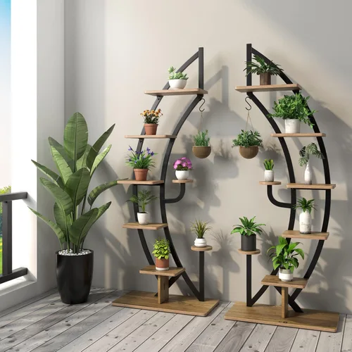 Vista 7 de Giantex Soporte de metal de 6 niveles para plantas de interior, estante de media luna de 61 pulgadas con colgador y dispositivo anticaído, soporte