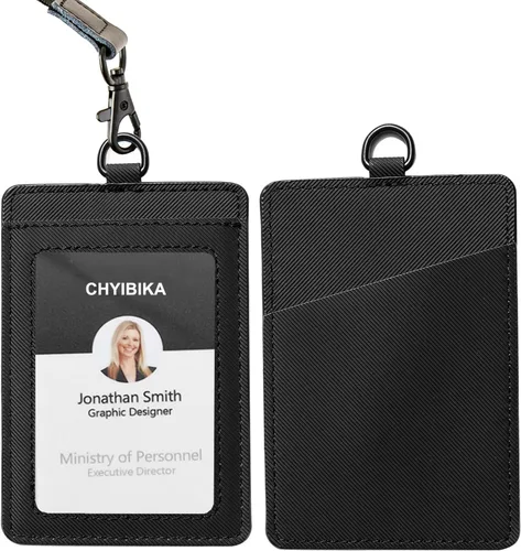 Vista 9 de Portatarjetas con cordón, tarjetero de cuero para identificación, tarjetero de ID con cordón vertical para oficina de trabajo (negro)
