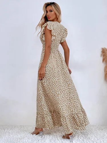 Vista 2 de SheIn Vestido largo con volantes fruncidos para mujer, manga casquillo, cuello en V