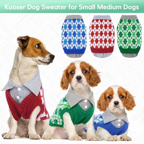 Vista 5 de Kuoser Suéter a cuadros para perro con agujero para arnés, color verde, talla S Polo Design Puppy Knitwear Fall Winter Sweater for Medium Dogs