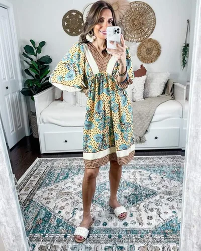 Vista 7 de BTFBM Vestidos casuales de primavera y verano para mujer, cuello en V, manga larga 34, con volantes, floral, estilo bohemio, mini vestido de playa