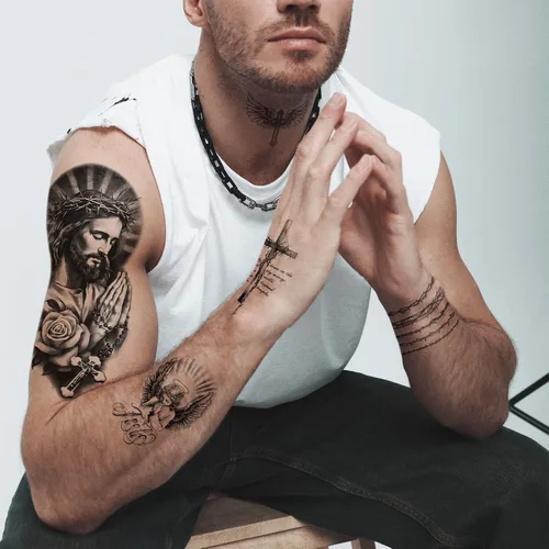 Vista 4 de 77 hojas de tatuajes temporales cristianos para mujeres y hombres, 17 hojas de tatuajes religiosos de media manga con cruz de Jesús, Dios y ángeles