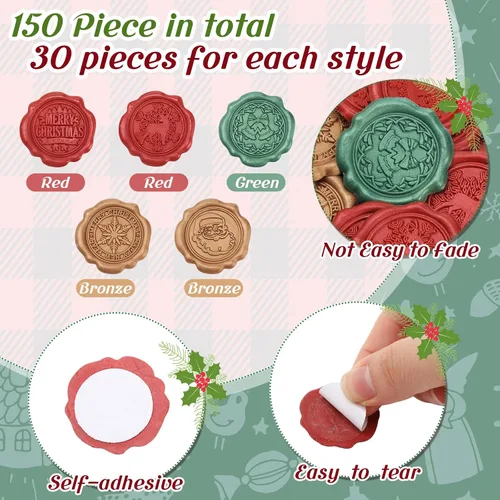 Vista 4 de Kosiz 100 calcomanías autoadhesivas para sello de cera de Navidad de 1.18 pulgadas, calcomanías de sello de sobre, vintage, Papá Noel, copos
