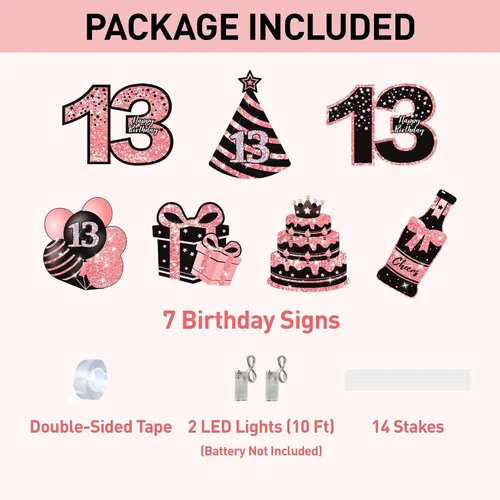 Vista 2 de Decoraciones de cumpleaños número 13 para niñas - 7 piezas de letreros de cumpleaños rosas para el patio con estacas, 2 piezas de luces LED Rosa 13