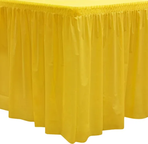 Vista 17 de Party Essentials Falda de mesa de plástico desechable resistente, 1 unidad, 29 pulgadas de ancho x 14 pies (168 pulgadas) de largo, amarillo