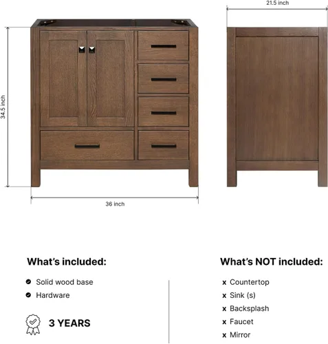 Vista 2 de ARIEL Cambridge Mueble base de tocador de baño de 36 pulgadas, madera maciza, 2 puertas de cierre suave, 5 cajones de cola de milano, roble marrón
