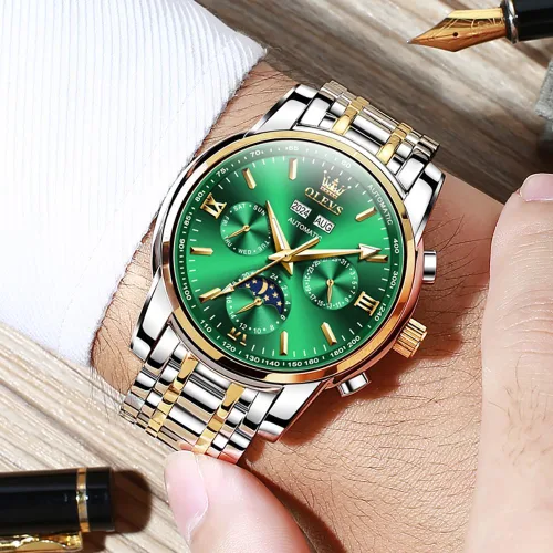 Vista 2 de OLEVS - Relojes automáticos para hombre, diseño mecánico con cuerda automática, reloj de pulsera de lujo de moda, esqueleto, luminoso, impermeable