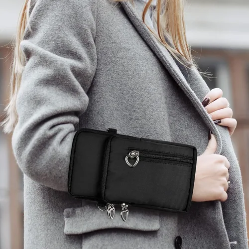 Vista 4 de Bolso cruzado de nailon para mujer para viaje, bolso de hombro para teléfono celular con pulsera, brazalete deportivo, cartera para teléfono Negro