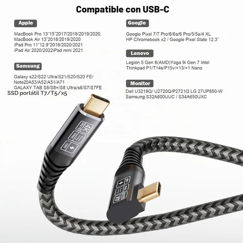 Vista 5 de Cable USB C a C 3.2 Gen 2 × 2 de 100 W/20 Gbps [6.6 pies/6.6 ft] Salida de video 4K de carga rápida compatible con Thunderbolt 3/4 para MacBook iPad