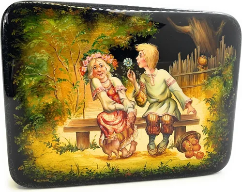 Vista 2 de Exclusiva caja de joyería decorativa rusa laca miniatura "Niños"". Hecho de papel maché Fedoskino.Decoración del hogar.Hecho a mano en Rusia.