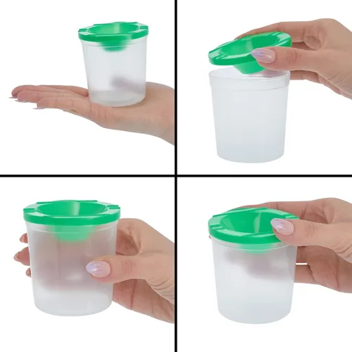 Vista 4 de Juvale Paquete de 12 vasos de pintura antiderrames con tapas para niños, suministros de arte y manualidades para aulas (4 colores, 3 x 3 pulgadas)