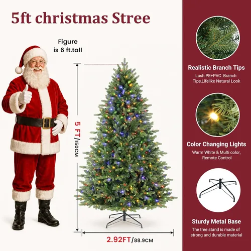 Vista 2 de Alupssuc - Árbol de Navidad artificial preiluminado de abeto con bisagras 250 luces blancas cálidas y multicolor, control remoto, 1393 puntas