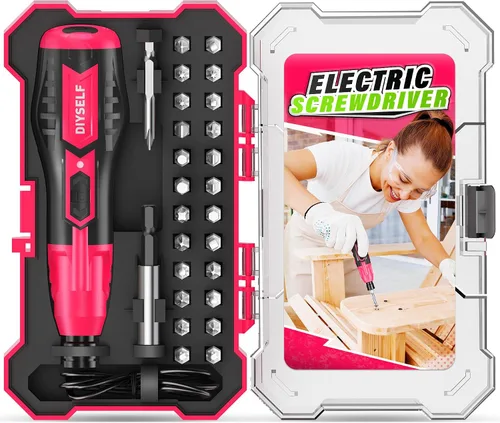 Vista 8 de DIYSELF Destornillador eléctrico, destornillador de 3.7 V con LED, incluye 25 puntas, cable de carga USB, mini destornillador eléctrico