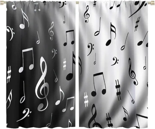 Vista 38 de Cortinas de notas musicales, blanco y negro, instrumento musical, canción, arte de canción, opacas, para ventana, dormitorio, sala de estar