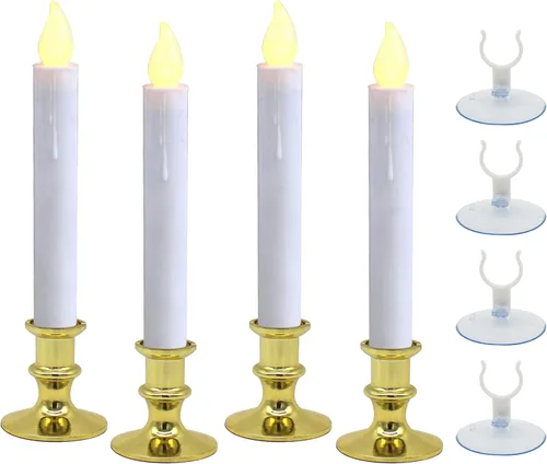 Vista 8 de Velas de ventana con ventosas, cono LED que funciona con pilas, encendido/apagado automático, base dorada extraíble, decoración de luces sin llama