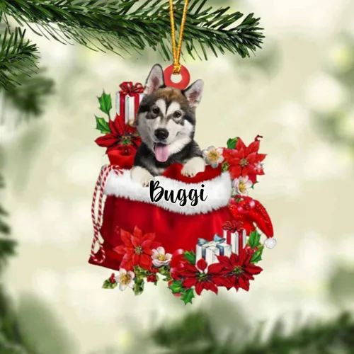 Vista 200 de Perro Akita Inu personalizado en bolsa de regalo, adorno de Navidad, nombre personalizado, regalo para amantes de los perros, familia, Navidad