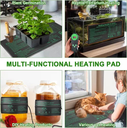 Vista 2 de Tapete térmico para plantas de semillero con controlador de temperatura integrado, 10 x 20.75 pulgadas, impermeable, con termostato certificado MET