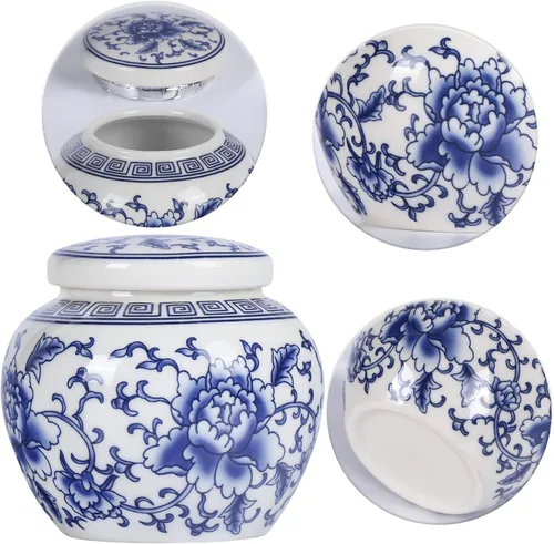 Vista 3 de XINGYAN Tarro de jengibre pequeño de cerámica de porcelana china tradicional azul y blanca con tapa, para almacenamiento de té, decoración