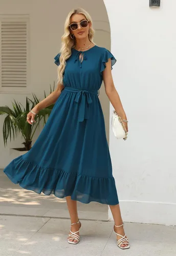 Vista 4 de NAVINS NA1009 - Vestido casual de gasa con cuello en V y mangas con volantes, dobladillo con volantes, largo y acampanado, con cinturón, para mujer