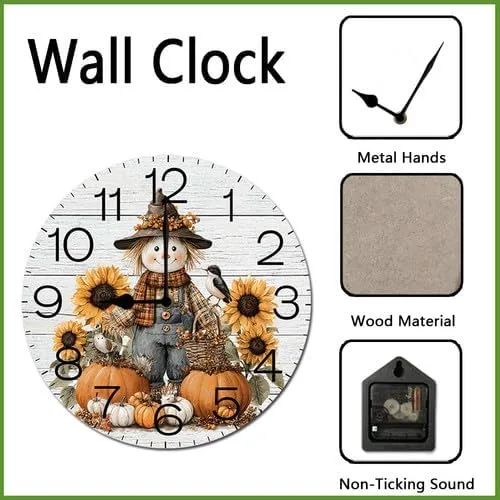 Vista 3 de Preciosas calabazas espantapájaros con hojas de otoño, reloj de cosecha de Hello Fall para sala de estar, reloj de pared redondo de 10 pulgadas