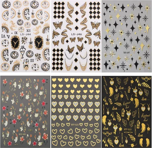 Vista 7 de Calcomanías doradas para arte de uñas, relojes, flores, hojas, mariposas, amor, corazón, estrellas, ala, calcomanías autoadhesivas para uñas