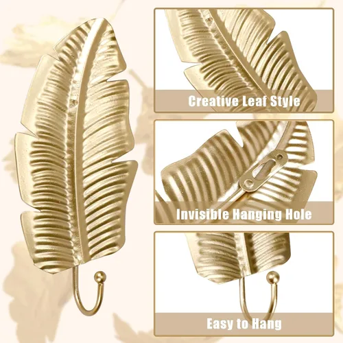 Vista 3 de 10 ganchos decorativos de pared con hojas doradas, ganchos para colgar abrigos, toallas, sombreros, perchas de metal para montaje en pared