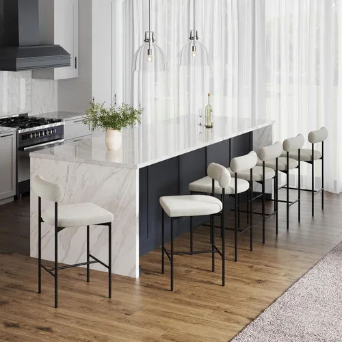 Vista 19 de Nathan James Dahlia - Silla de altura para encimera, taburete de bar moderno tapizado en bouclé con respaldo, patas de metal de mediados de siglo