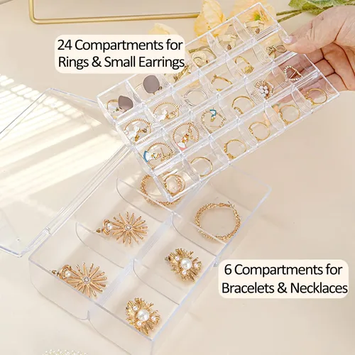 Vista 4 de Lejesth Caja organizadora de joyas de acrílico transparente con 2 cajones y 30 rejillas, pequeña caja de joyería a prueba de polvo para mujeres
