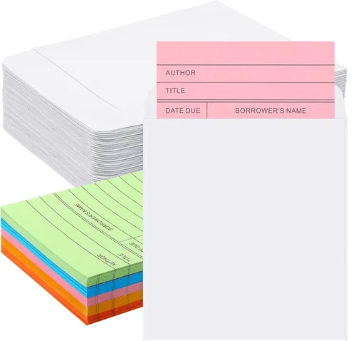 Vista 10 de 200 sobres de bolsillo para biblioteca y tarjetas para libros, incluyen 100 sobres de bolsillo autoadhesivos y 100 suministros de biblioteca