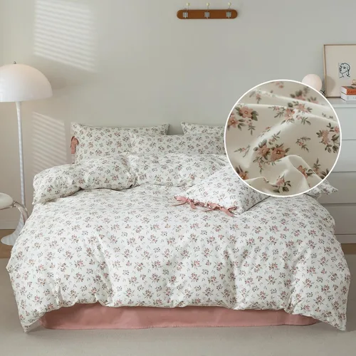 Vista 16 de Juego de funda de edredón con diseño floral, tamaño individual, color rosa y blanco, estampado de flores, estilo jardín, de algodón, estético