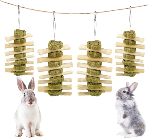 Vista 11 de kathson 4 juguetes masticables de conejo para dientes, juguete masticable colgante de conejo, palitos de bambú dulce natural con hierba de heno