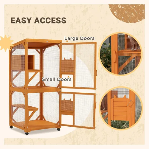 Vista 5 de Casa grande para gatos con caja de descanso alta, catio de madera de 71 pulgadas con techo de asfalto, recinto para gatos en interiores y exteriores