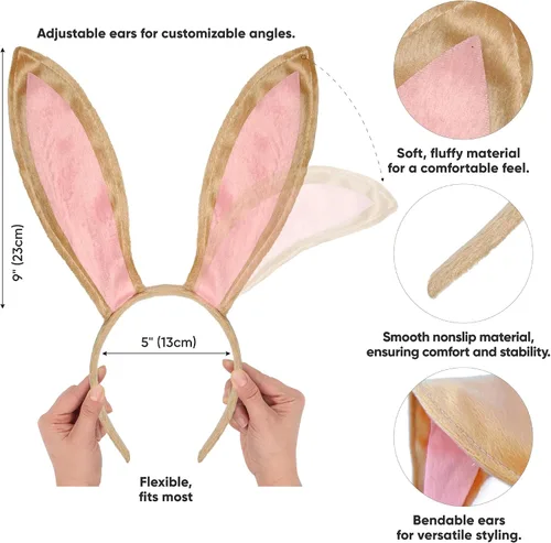 Vista 2 de Funcredible Diadema de orejas de conejo, orejas de conejo flexibles para mujeres y niños, accesorios de disfraz de conejo de felpa suave, diadema