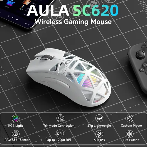Vista 2 de Aula SC620 - Ratón inalámbrico para juegos, triple modo de 2.4 GHz/USB-C/BT5.3 con 12000 DPI, mouse macro gamer programable con llave de fuego Blanco