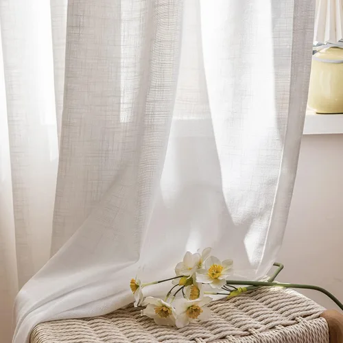 Vista 7 de 2 paneles de cortinas traslúcidas blancas de 54 pulgadas de largo, paneles transparentes de lino con textura para ventana, cortinas plisadas