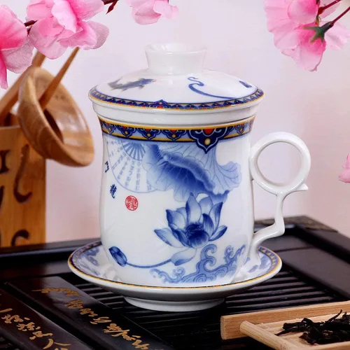 Vista 7 de Taza de té de porcelana con tapa de infusor y juegos de platillos Taza de café de cerámica china Jingdezhen Taza de té de hoja suelta Sistema