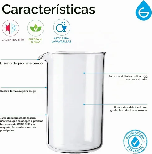 Vista 3 de GROSCHE Borosilicato 3.3 vidrio prensa francesa vaso de precipitados de repuesto, 34 oz