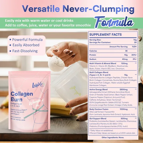 Vista 7 de LivLyLuxe Polvo de Colágeno Burn para Mujeres - Suplementos para Bajar de Peso para Quemar Grasa del Vientre, Potenciador del Metabolismo, Diseñado