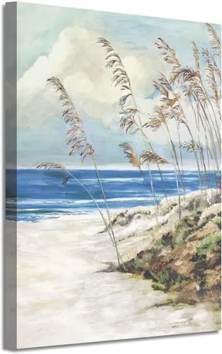 Vista 21 de Arte de pared enmarcado costero abstracto, imagen de silla de playa, pintura moderna del océano, impresiones de paisaje marino relajante, decoración